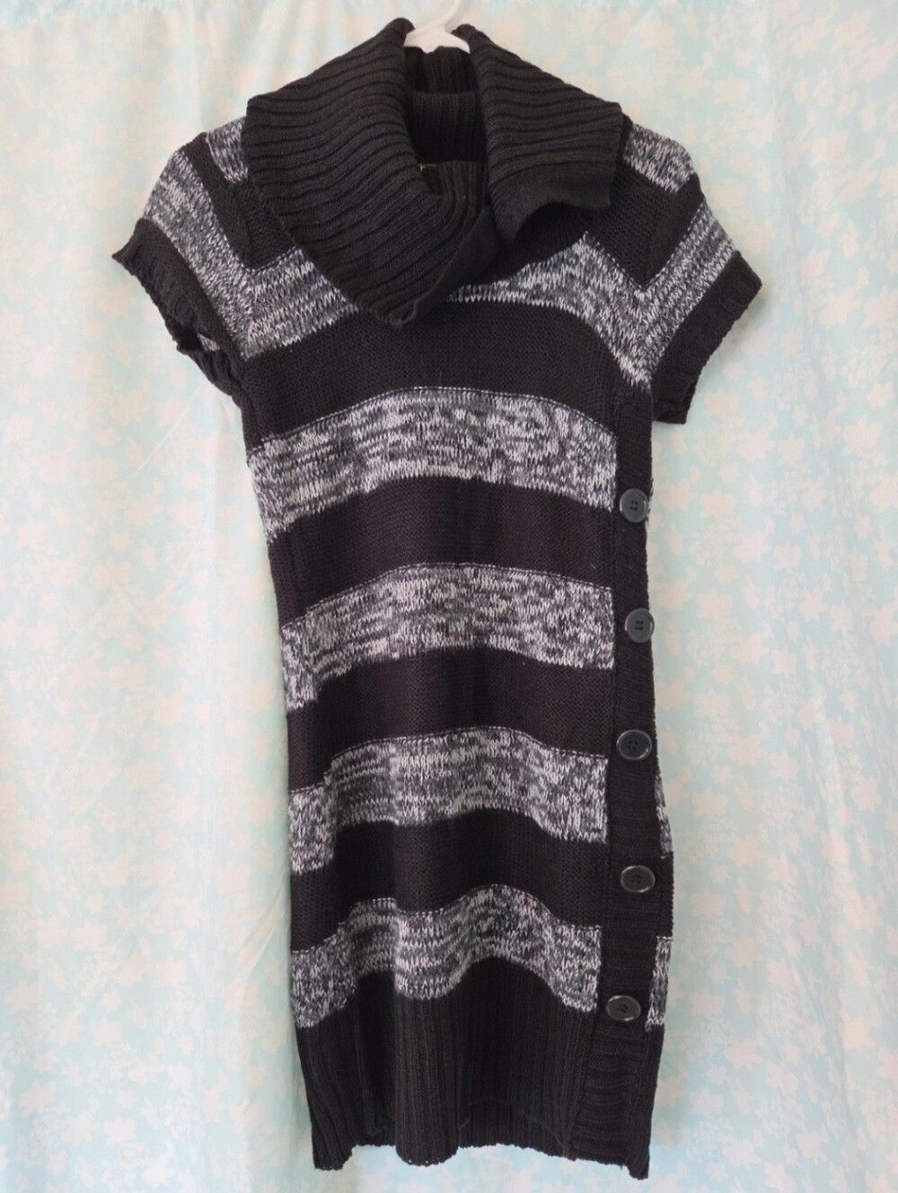 Black & Gray Striped Knit Button-Accent Sweater Dress